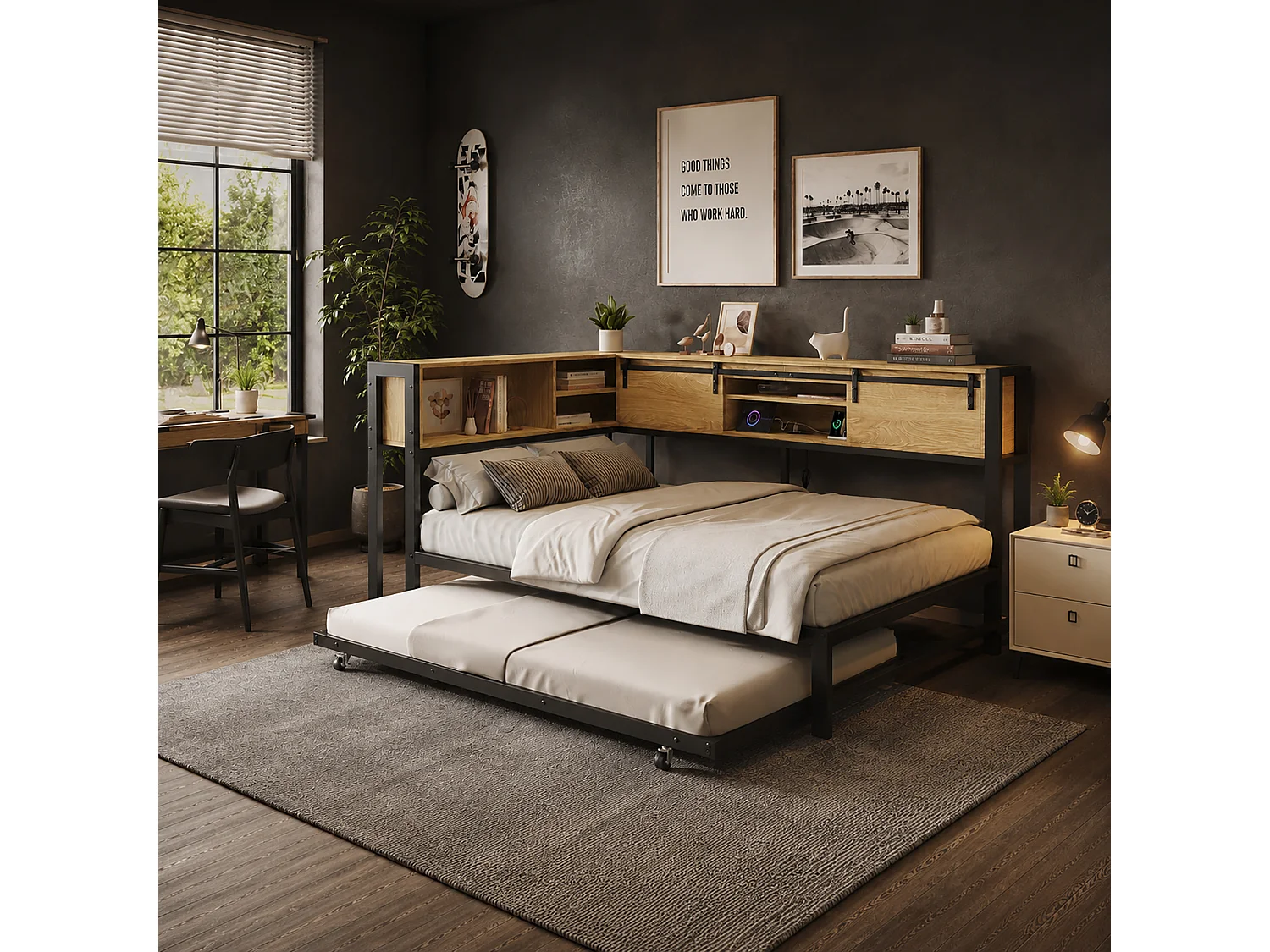 Canapé-lit en bois 120 x 200 cm - avec lit gigogne 90 x 190 cm - porte coulissante et port de chargement - Noir + Naturel (sans matelas)