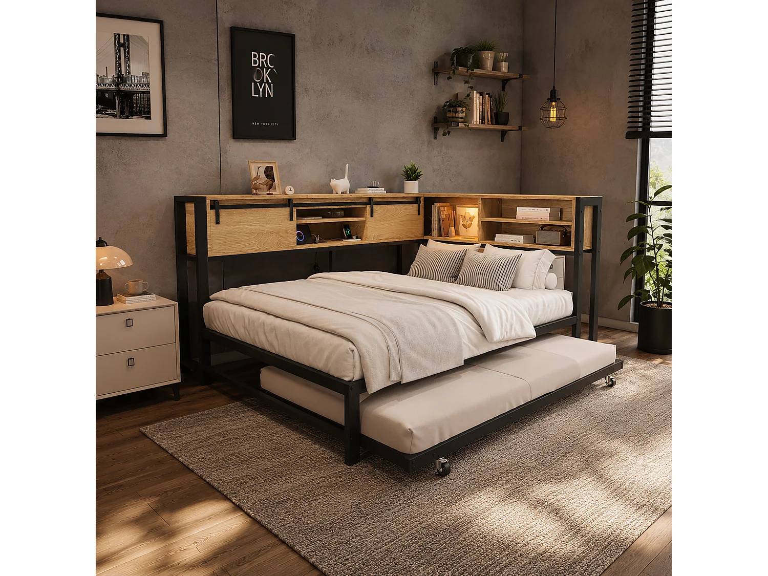 Canapé-lit en bois 120 x 200 cm - avec lit gigogne 90 x 190 cm - porte coulissante et port de chargement - Noir + Naturel (sans matelas)