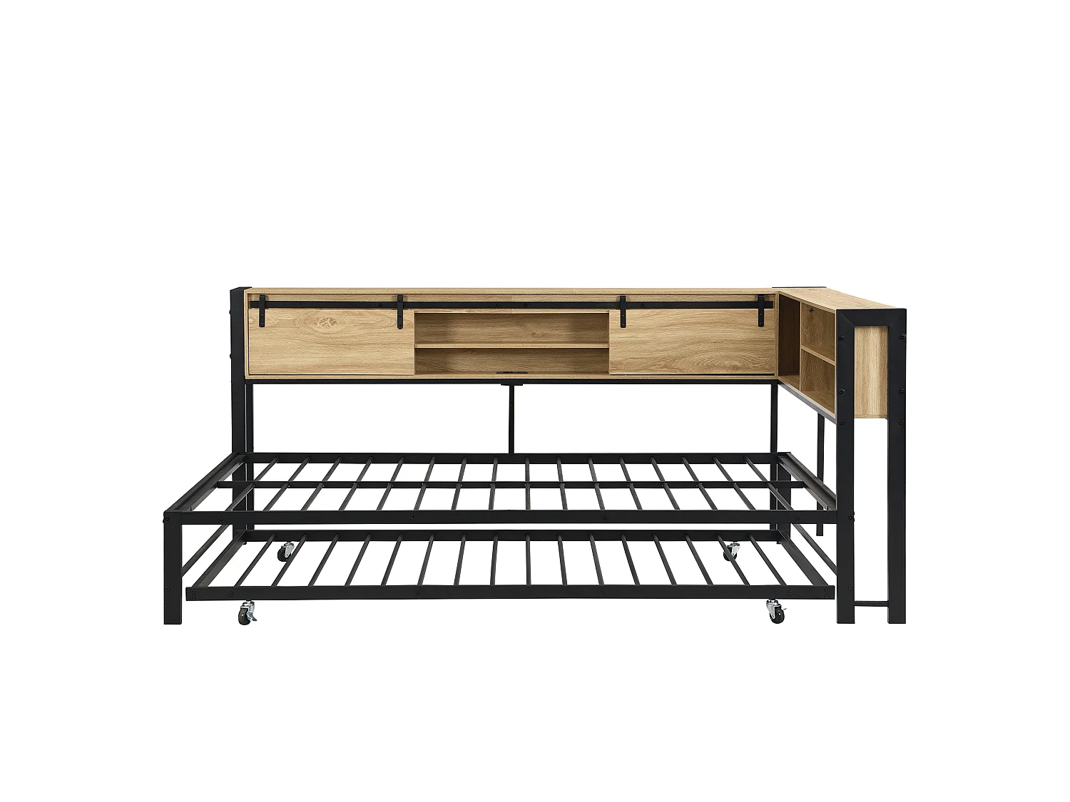 Canapé-lit en bois 120 x 200 cm - avec lit gigogne 90 x 190 cm - porte coulissante et port de chargement - Noir + Naturel (sans matelas)