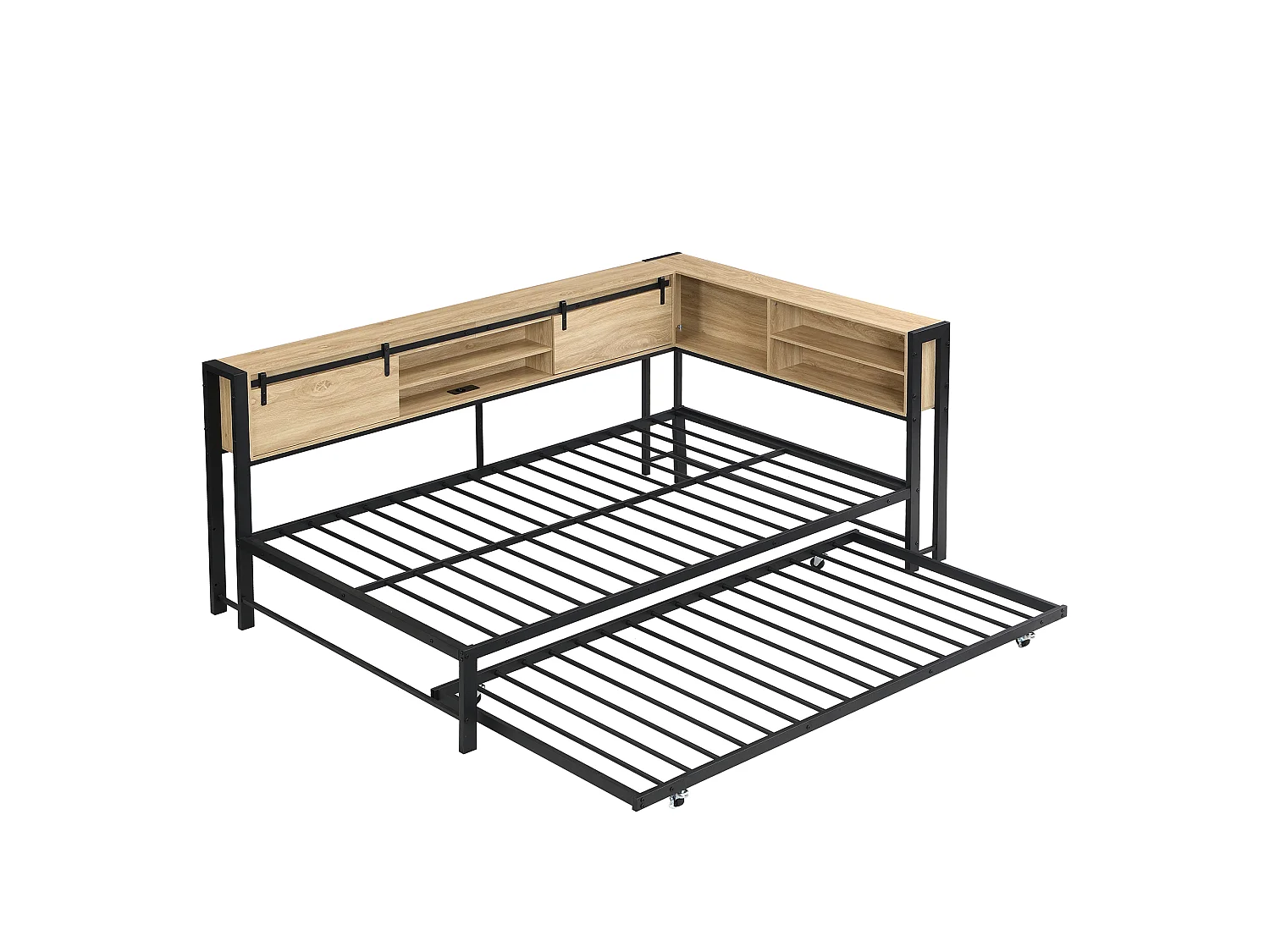 Canapé-lit en bois 120 x 200 cm - avec lit gigogne 90 x 190 cm - porte coulissante et port de chargement - Noir + Naturel (sans matelas)