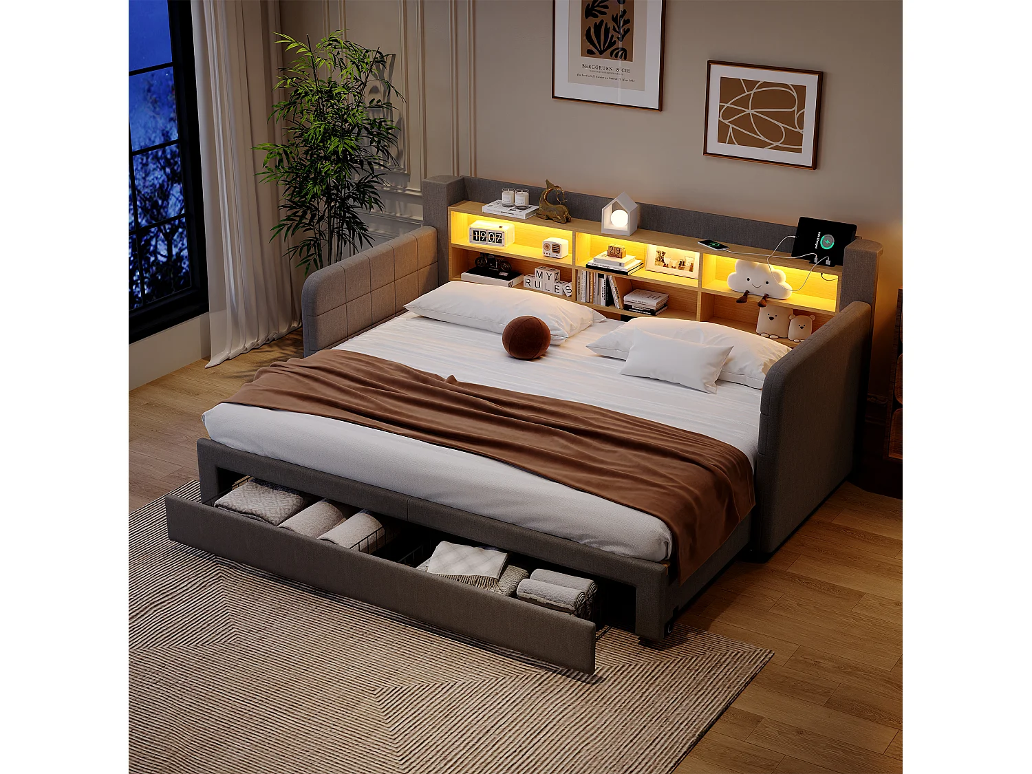 Canapé-lit 90 x 200 cm - avec lit gigogne - avec éclairage LED - avec 2 tiroirs - tissu velours - gris (matelas non inclus)