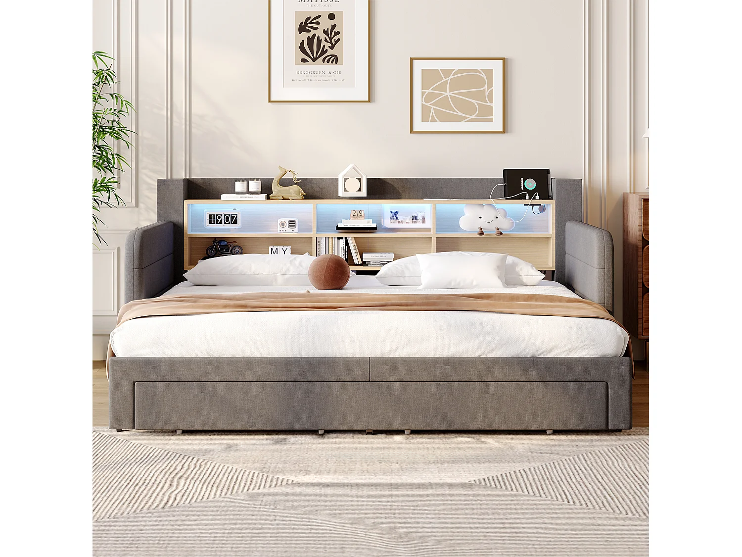 Canapé-lit 90 x 200 cm - avec lit gigogne - avec éclairage LED - avec 2 tiroirs - tissu velours - gris (matelas non inclus)