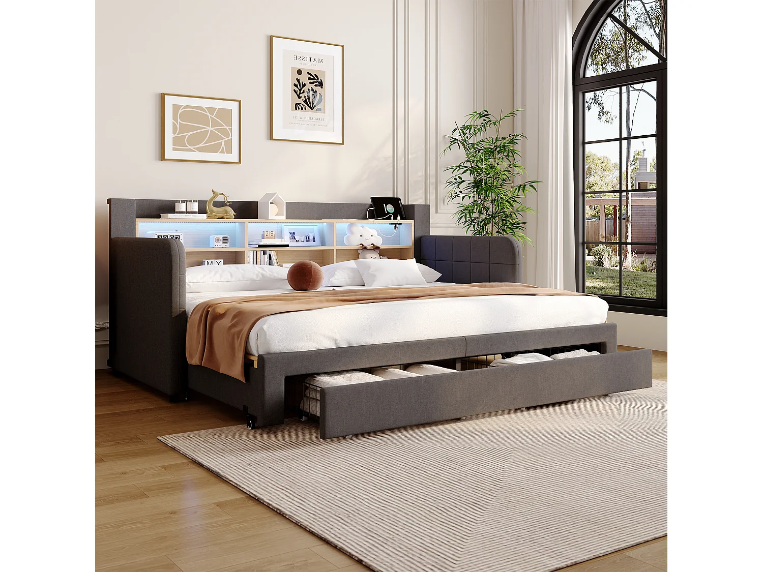 Canapé-lit 90 x 200 cm - avec lit gigogne - avec éclairage LED - avec 2 tiroirs - tissu velours - gris (matelas non inclus)