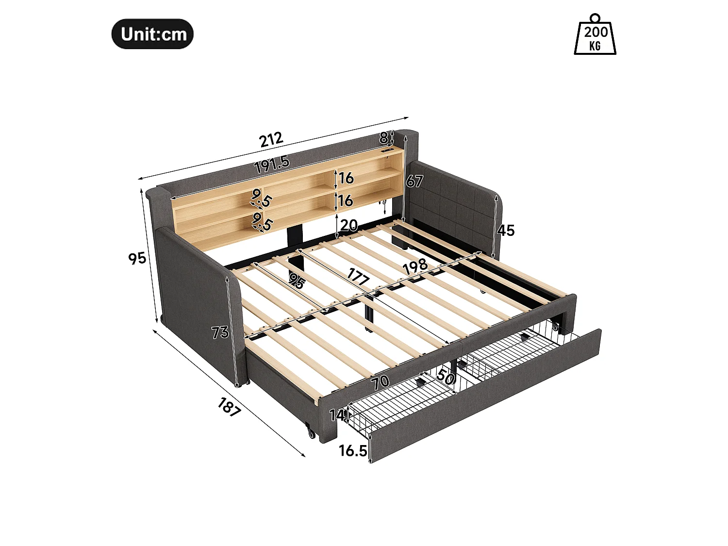 Canapé-lit 90 x 200 cm - avec lit gigogne - avec éclairage LED - avec 2 tiroirs - tissu velours - gris (matelas non inclus)