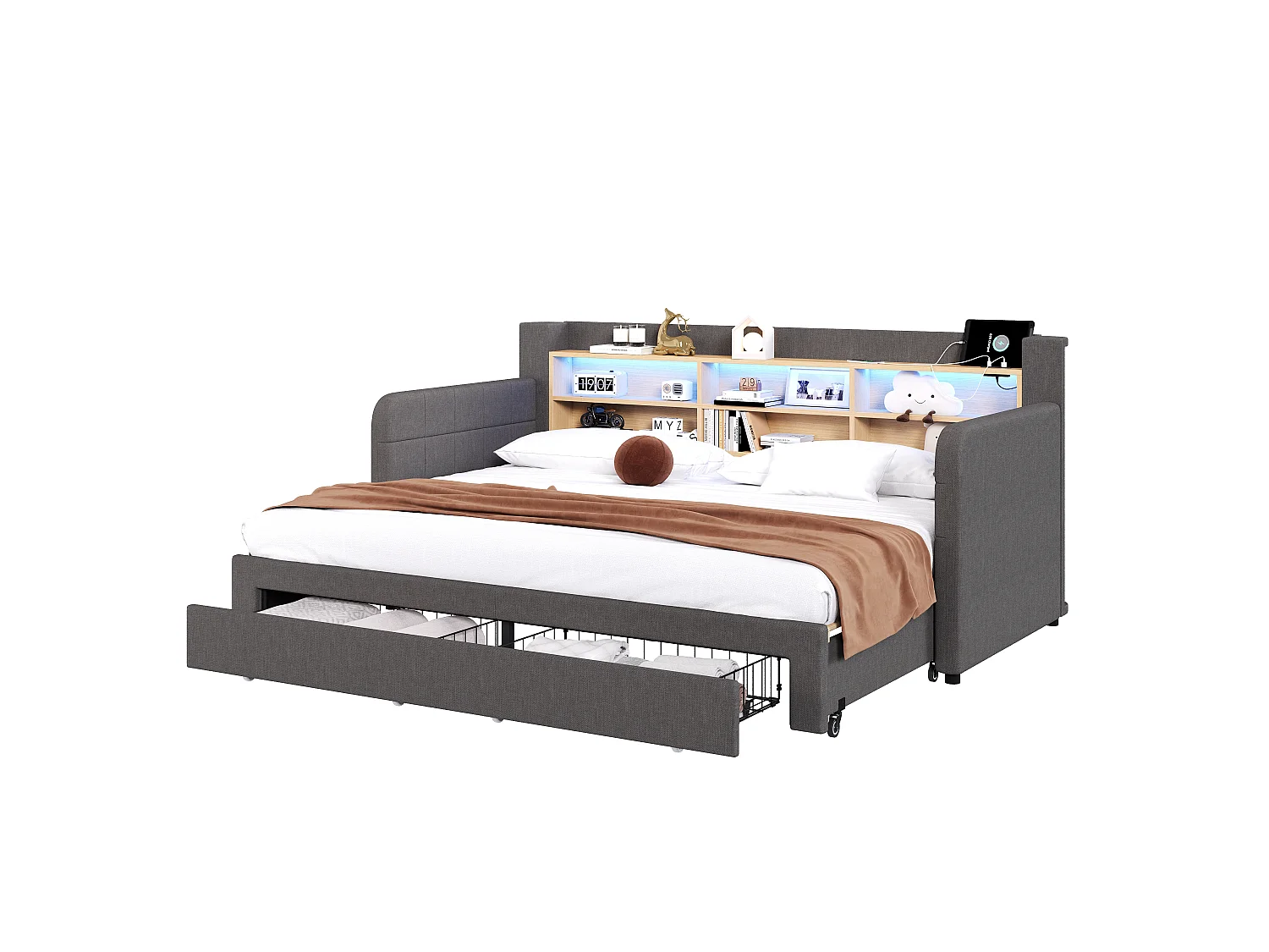 Canapé-lit 90 x 200 cm - avec lit gigogne - avec éclairage LED - avec 2 tiroirs - tissu velours - gris (matelas non inclus)