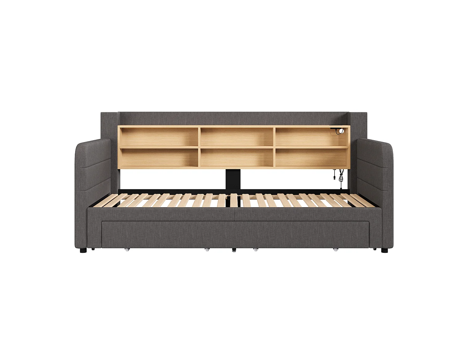Canapé-lit 90 x 200 cm - avec lit gigogne - avec éclairage LED - avec 2 tiroirs - tissu velours - gris (matelas non inclus)