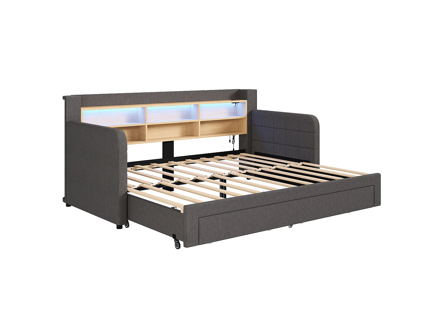 Canapé-lit 90 x 200 cm - avec lit gigogne - avec éclairage LED - avec 2 tiroirs - tissu velours - gris (matelas non inclus)
