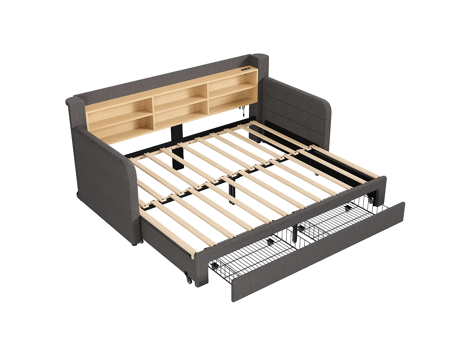 Canapé-lit 90 x 200 cm - avec lit gigogne - avec éclairage LED - avec 2 tiroirs - tissu velours - gris (matelas non inclus)