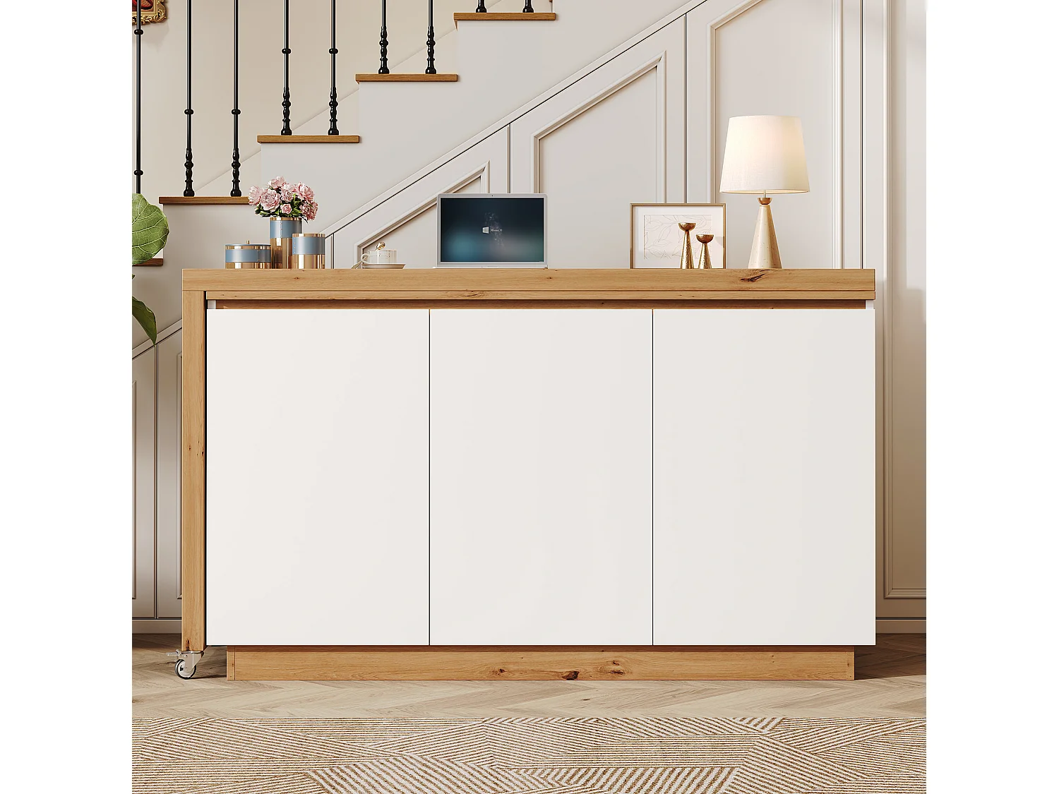 Bureau pivotant à roulettes - Plateau pivotant - Buffet verrouillable et pliable - Avec 3 portes - MDF - Blanc