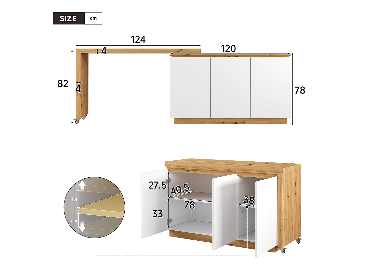 Bureau pivotant à roulettes - Plateau pivotant - Buffet verrouillable et pliable - Avec 3 portes - MDF - Blanc