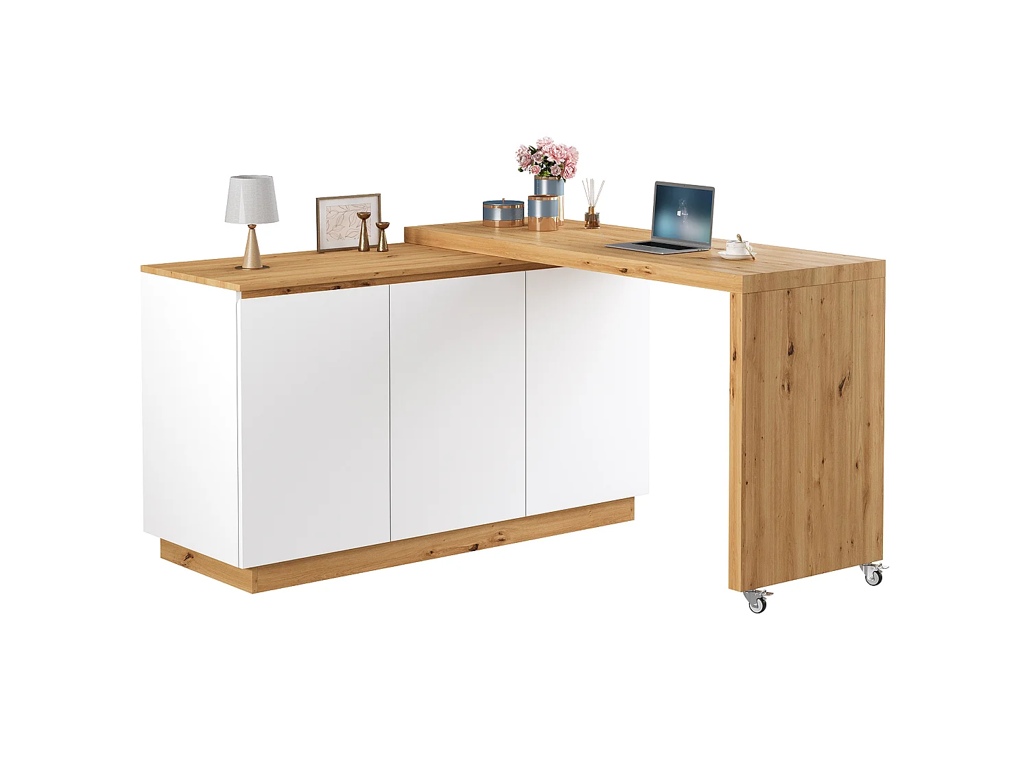 Bureau pivotant à roulettes - Plateau pivotant - Buffet verrouillable et pliable - Avec 3 portes - MDF - Blanc
