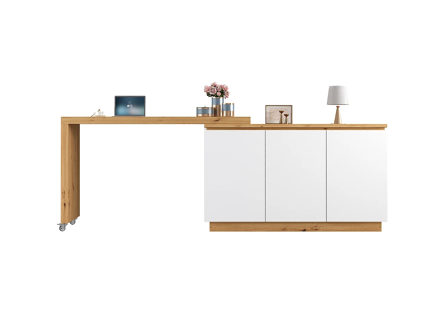 Bureau pivotant à roulettes - Plateau pivotant - Buffet verrouillable et pliable - Avec 3 portes - MDF - Blanc