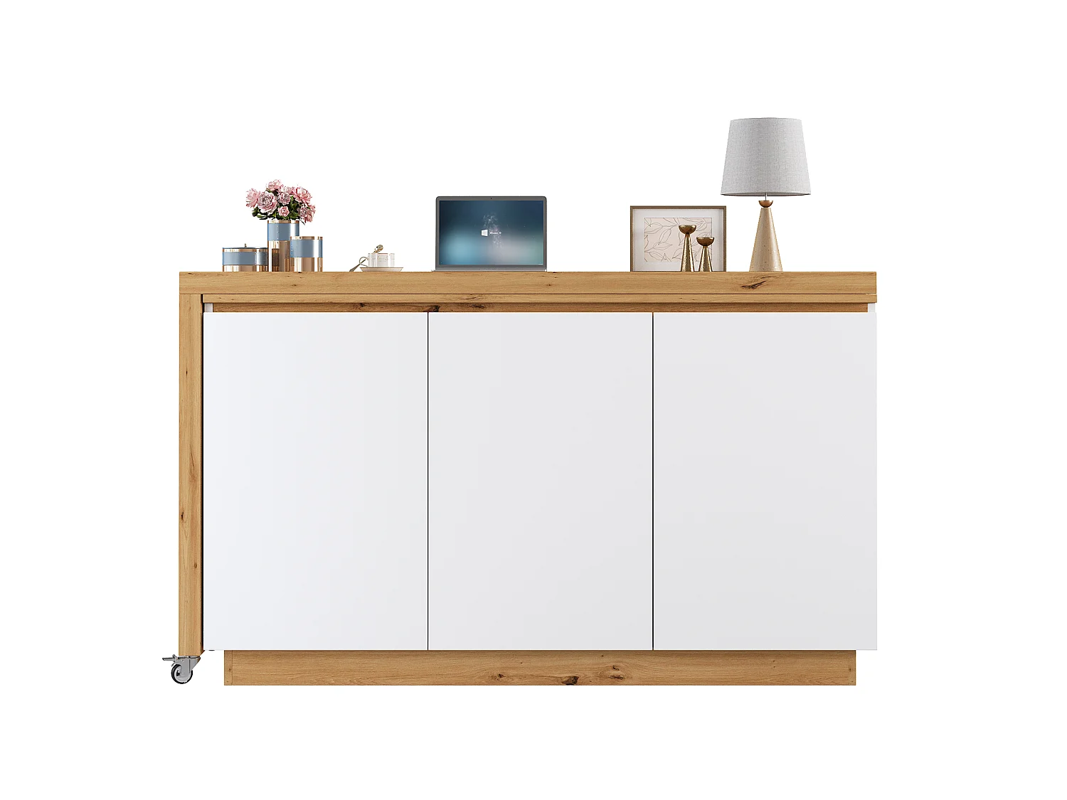 Bureau pivotant à roulettes - Plateau pivotant - Buffet verrouillable et pliable - Avec 3 portes - MDF - Blanc