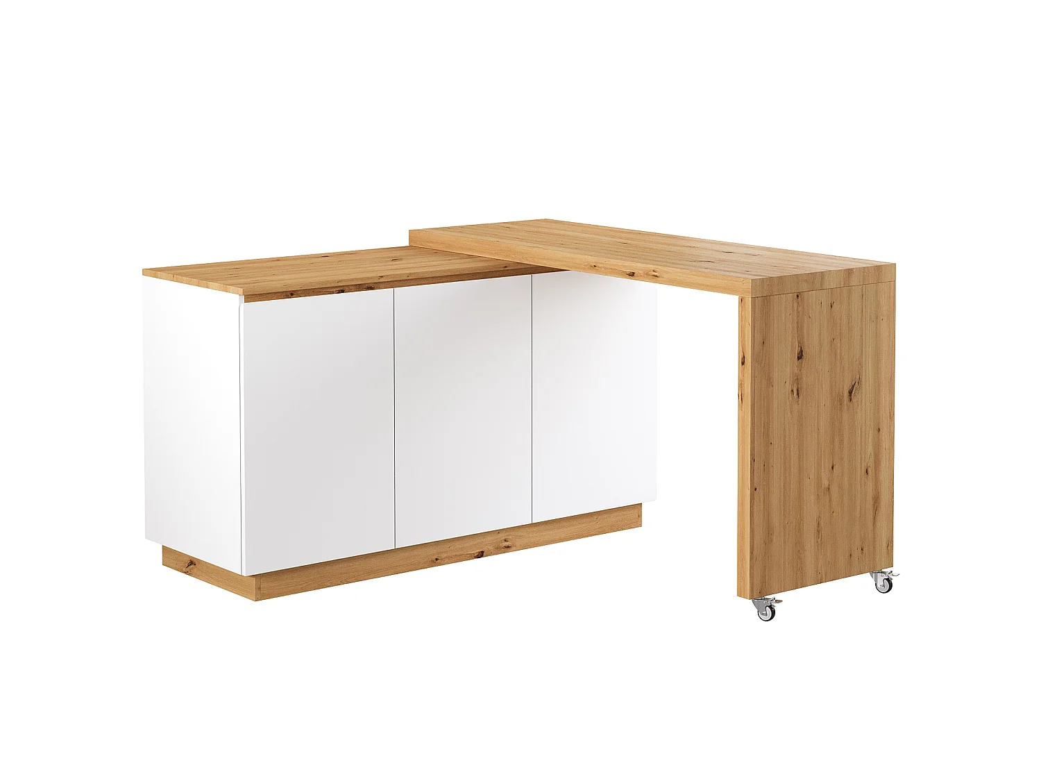 Bureau pivotant à roulettes - Plateau pivotant - Buffet verrouillable et pliable - Avec 3 portes - MDF - Blanc