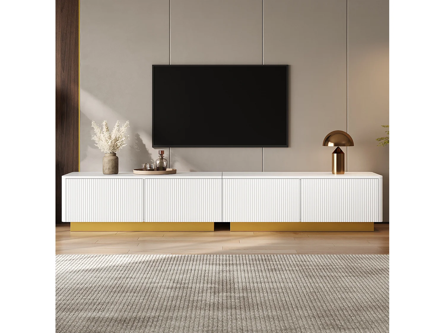 Moderne TV-møbel 200 x 40 x 35 cm - Med 2 døre og 2 skuffer - Indbygget struktur - Kabelstyring - MDF - Hvid