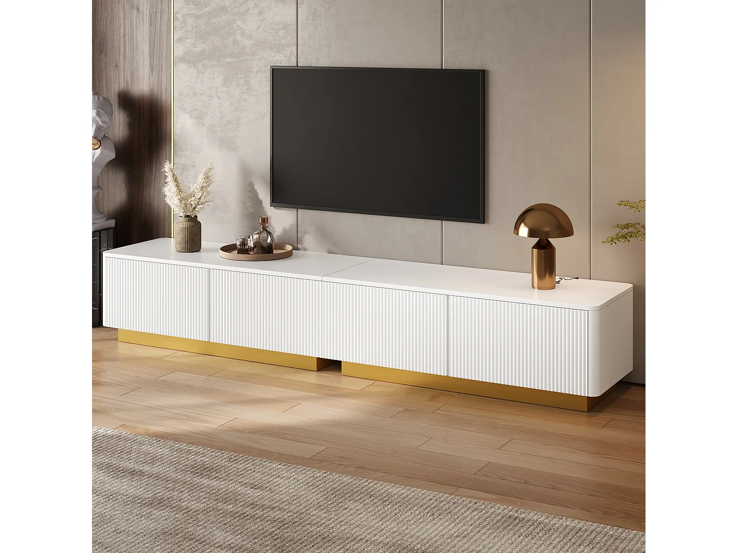 Moderne TV-møbel 200 x 40 x 35 cm - Med 2 døre og 2 skuffer - Indbygget struktur - Kabelstyring - MDF - Hvid