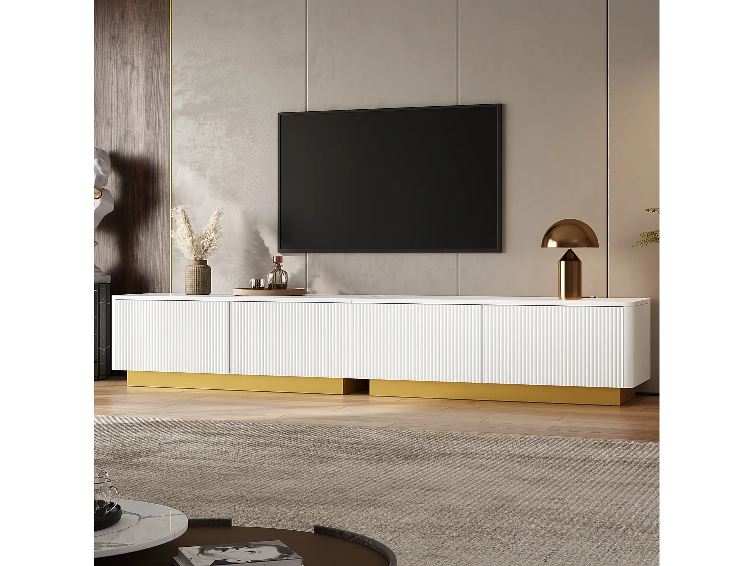 Moderne TV-møbel 200 x 40 x 35 cm - Med 2 døre og 2 skuffer - Indbygget struktur - Kabelstyring - MDF - Hvid