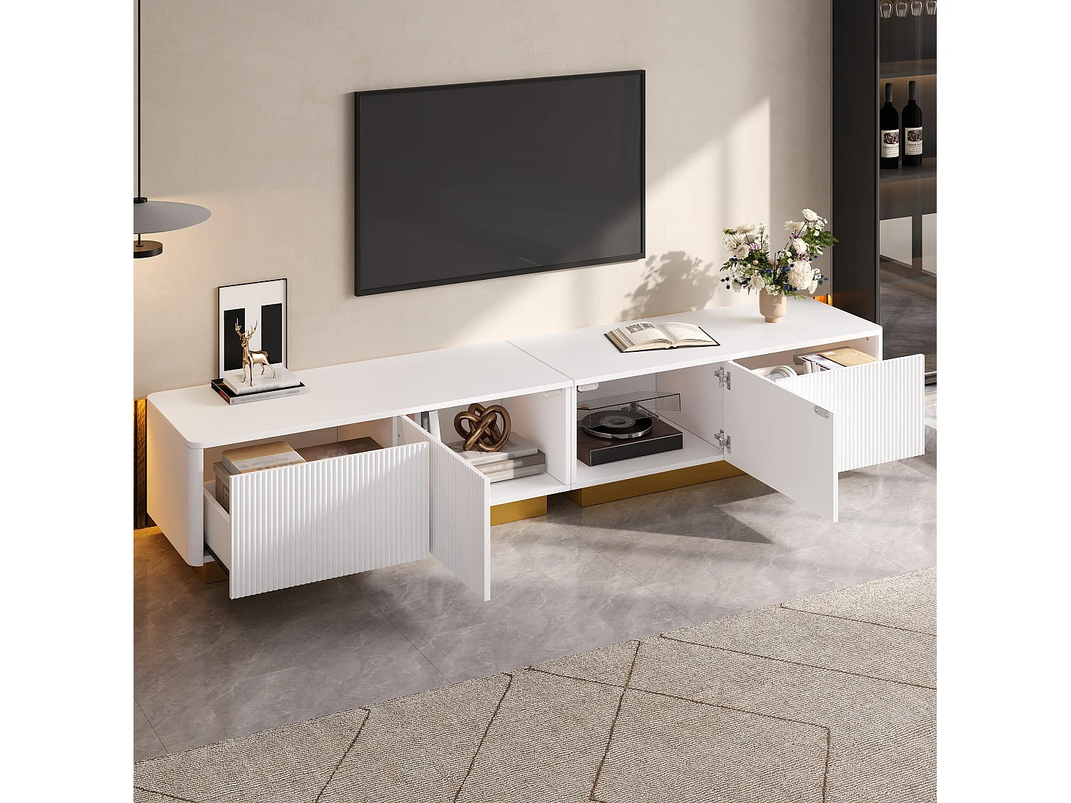 Moderne TV-møbel 200 x 40 x 35 cm - Med 2 døre og 2 skuffer - Indbygget struktur - Kabelstyring - MDF - Hvid