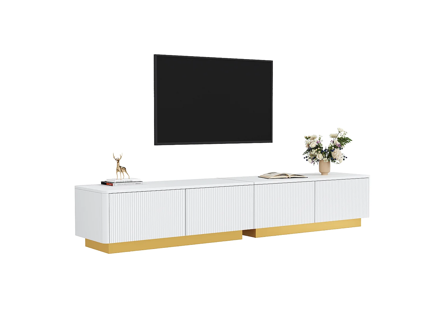 Moderne TV-møbel 200 x 40 x 35 cm - Med 2 døre og 2 skuffer - Indbygget struktur - Kabelstyring - MDF - Hvid