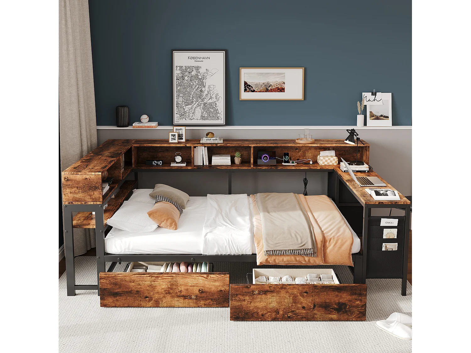 Canapé-lit en bois 120 x 200 cm - avec 2 tiroirs et port de chargement - avec espace de rangement - Noir + Naturel (sans matelas)