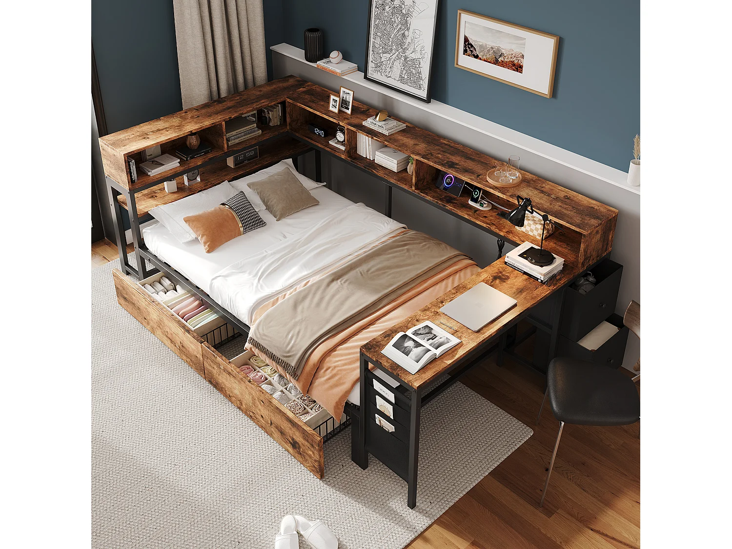 Canapé-lit en bois 120 x 200 cm - avec 2 tiroirs et port de chargement - avec espace de rangement - Noir + Naturel (sans matelas)