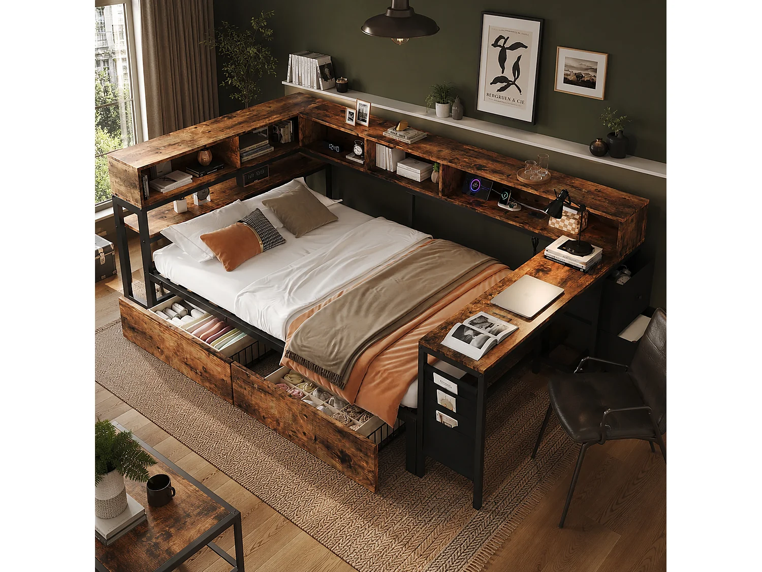 Canapé-lit en bois 120 x 200 cm - avec 2 tiroirs et port de chargement - avec espace de rangement - Noir + Naturel (sans matelas)