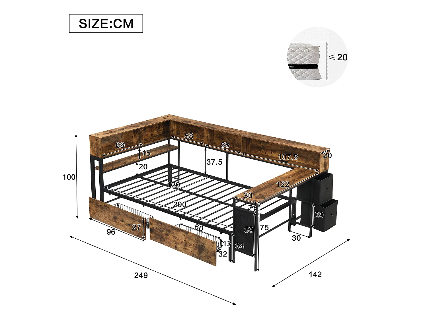 Canapé-lit en bois 120 x 200 cm - avec 2 tiroirs et port de chargement - avec espace de rangement - Noir + Naturel (sans matelas)