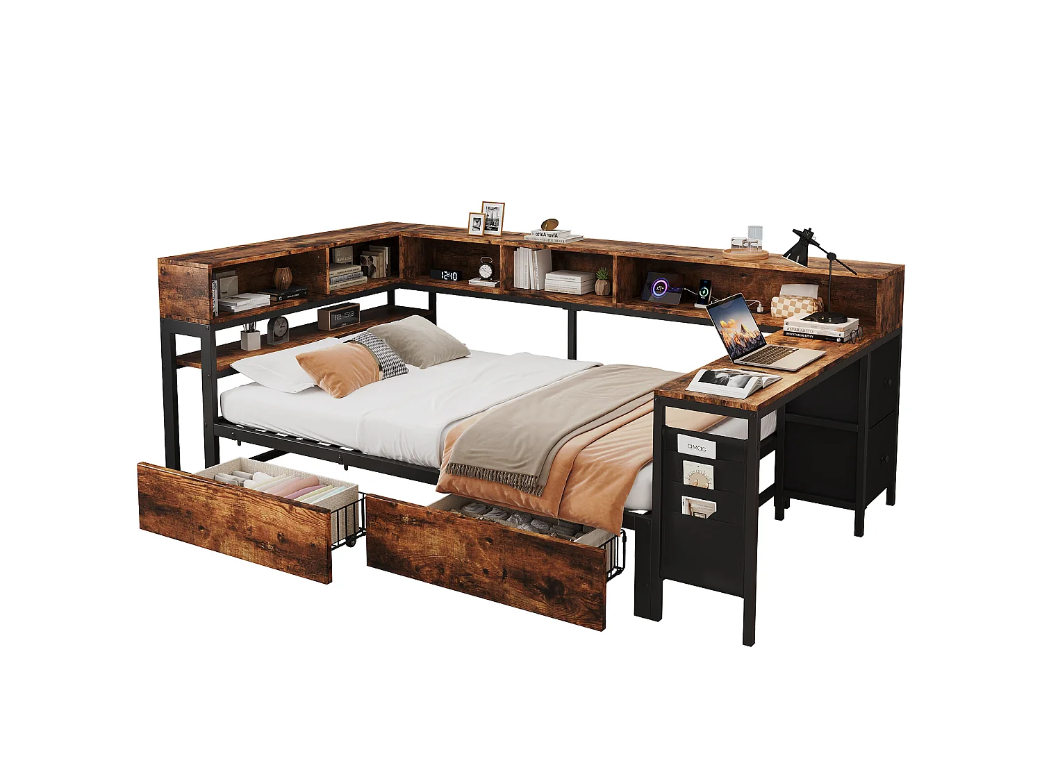 Canapé-lit en bois 120 x 200 cm - avec 2 tiroirs et port de chargement - avec espace de rangement - Noir + Naturel (sans matelas)