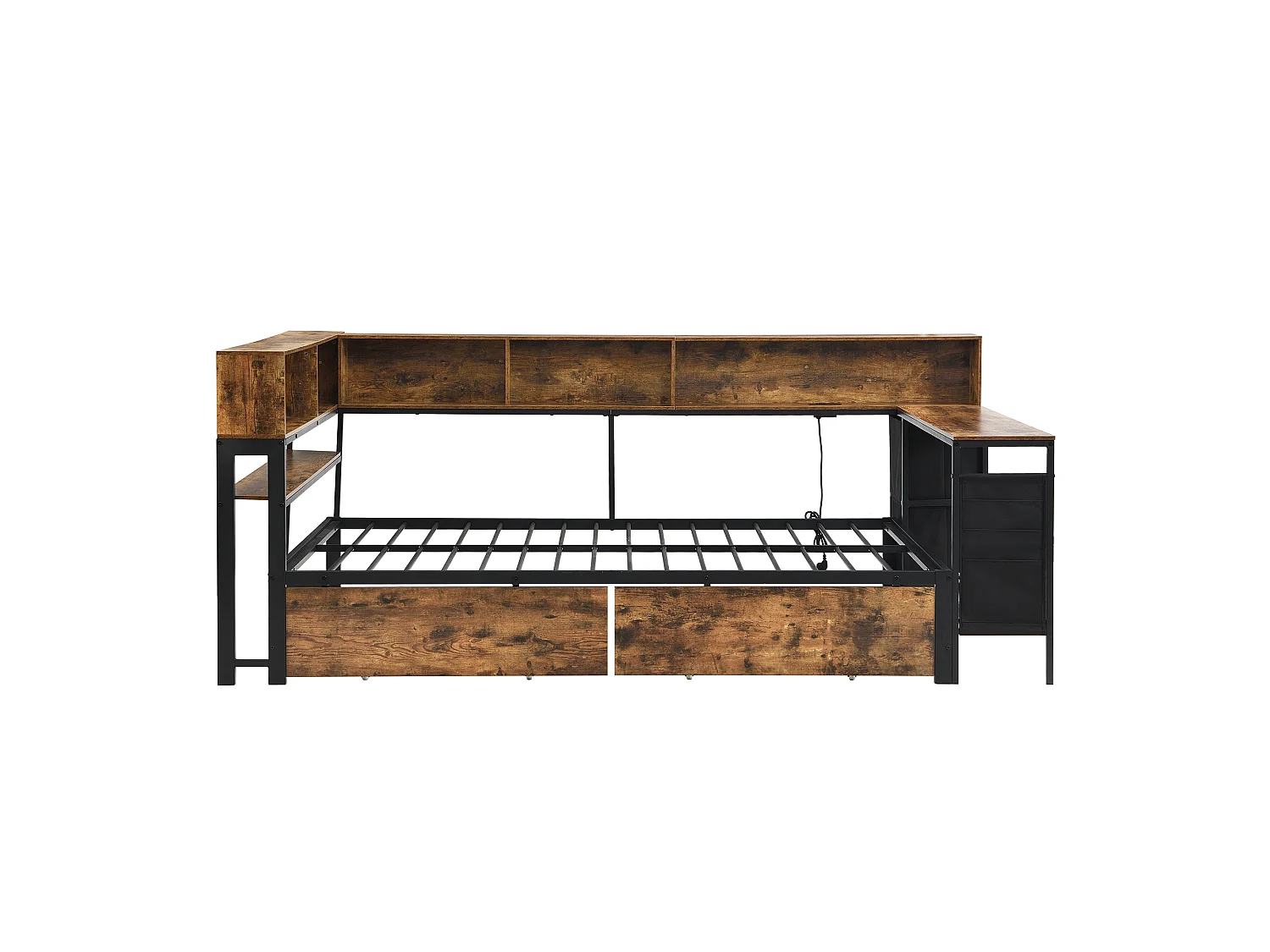 Canapé-lit en bois 120 x 200 cm - avec 2 tiroirs et port de chargement - avec espace de rangement - Noir + Naturel (sans matelas)