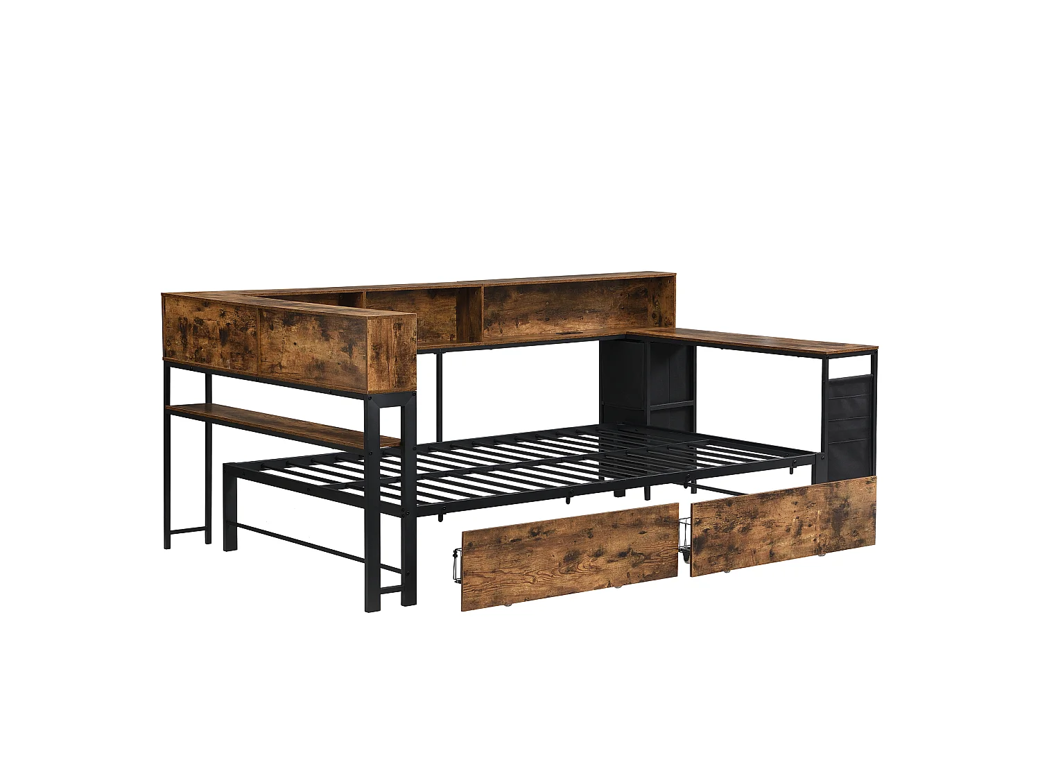 Canapé-lit en bois 120 x 200 cm - avec 2 tiroirs et port de chargement - avec espace de rangement - Noir + Naturel (sans matelas)