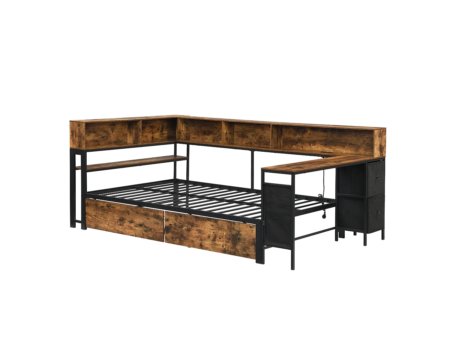 Canapé-lit en bois 120 x 200 cm - avec 2 tiroirs et port de chargement - avec espace de rangement - Noir + Naturel (sans matelas)