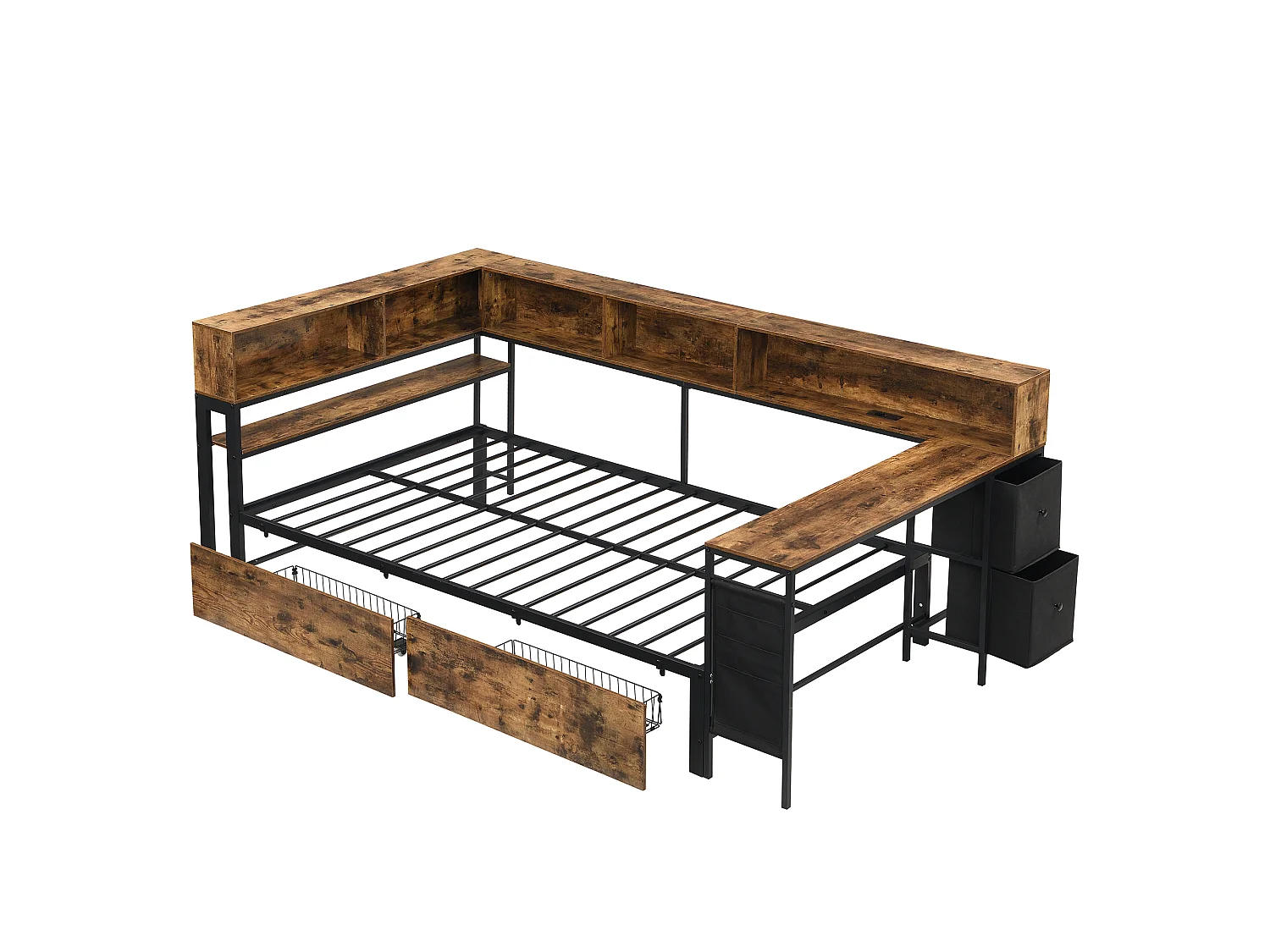 Canapé-lit en bois 120 x 200 cm - avec 2 tiroirs et port de chargement - avec espace de rangement - Noir + Naturel (sans matelas)