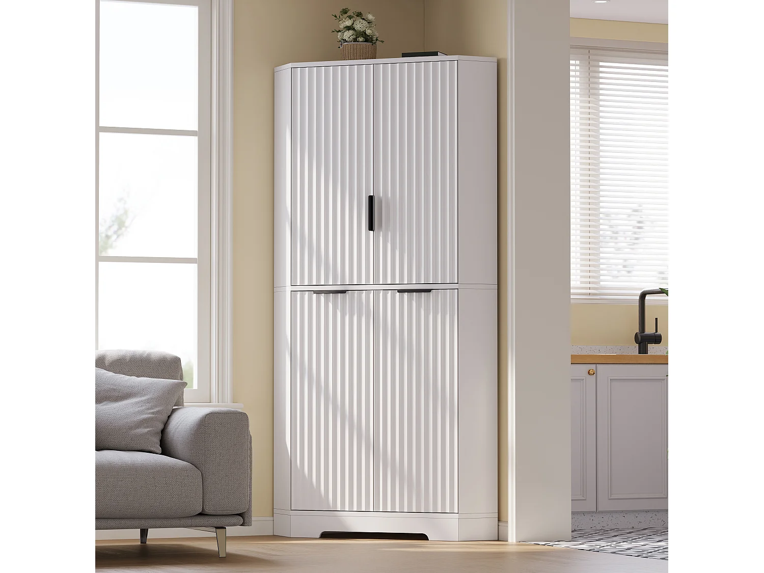 Meuble d'Angle Haut de Rangement 60x60x172cm - Buffet d'Angle avec 4 Portes Canelées & Étagères Réglables, Style Moderne - Blanc