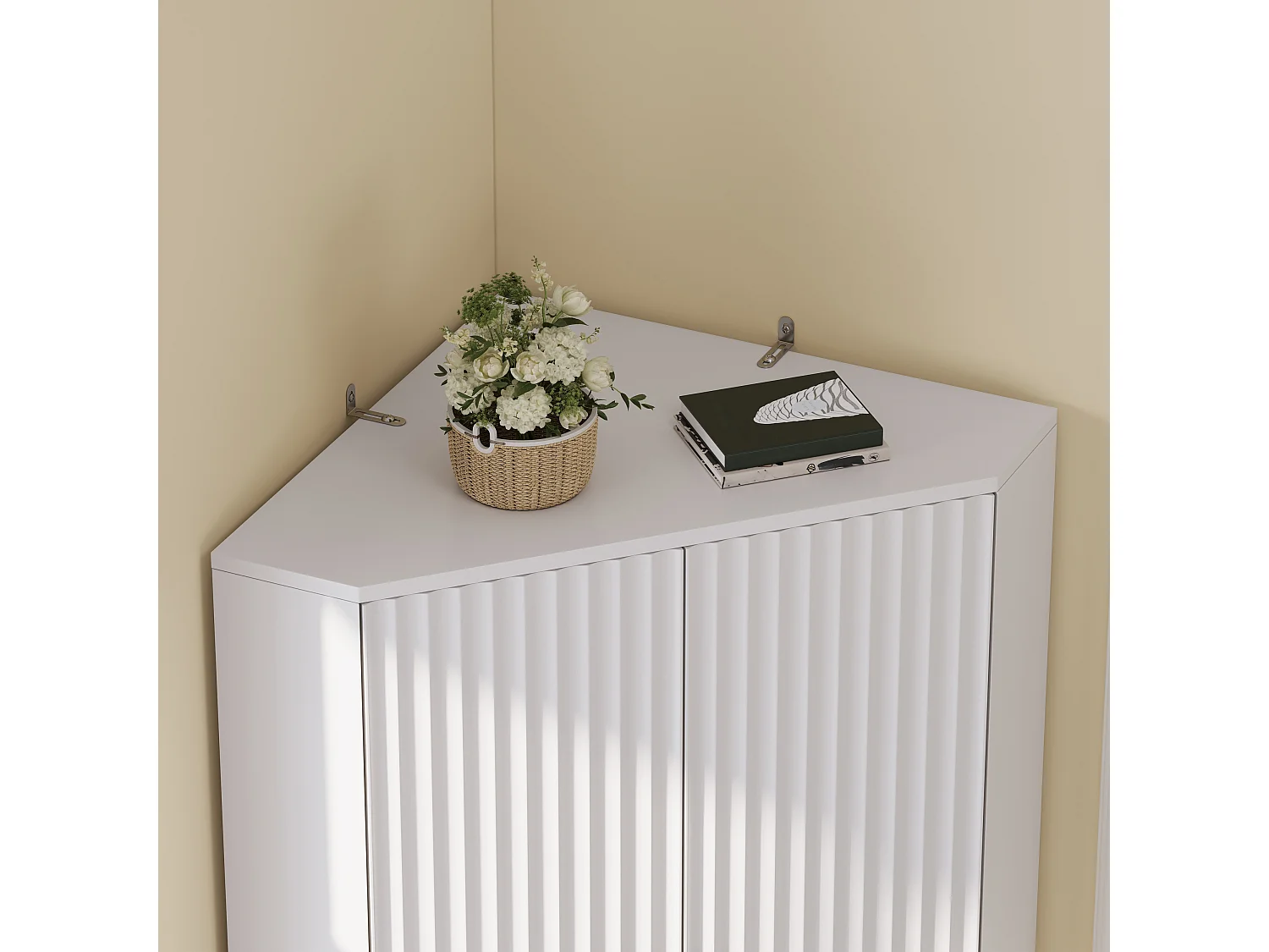 Meuble d'Angle Haut de Rangement 60x60x172cm - Buffet d'Angle avec 4 Portes Canelées & Étagères Réglables, Style Moderne - Blanc