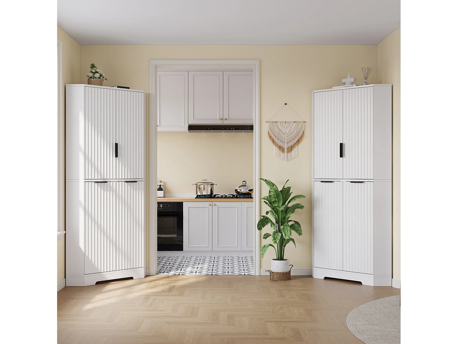 Meuble d'Angle Haut de Rangement 60x60x172cm - Buffet d'Angle avec 4 Portes Canelées & Étagères Réglables, Style Moderne - Blanc