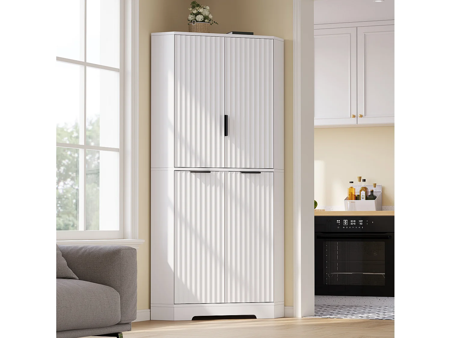 Meuble d'Angle Haut de Rangement 60x60x172cm - Buffet d'Angle avec 4 Portes Canelées & Étagères Réglables, Style Moderne - Blanc