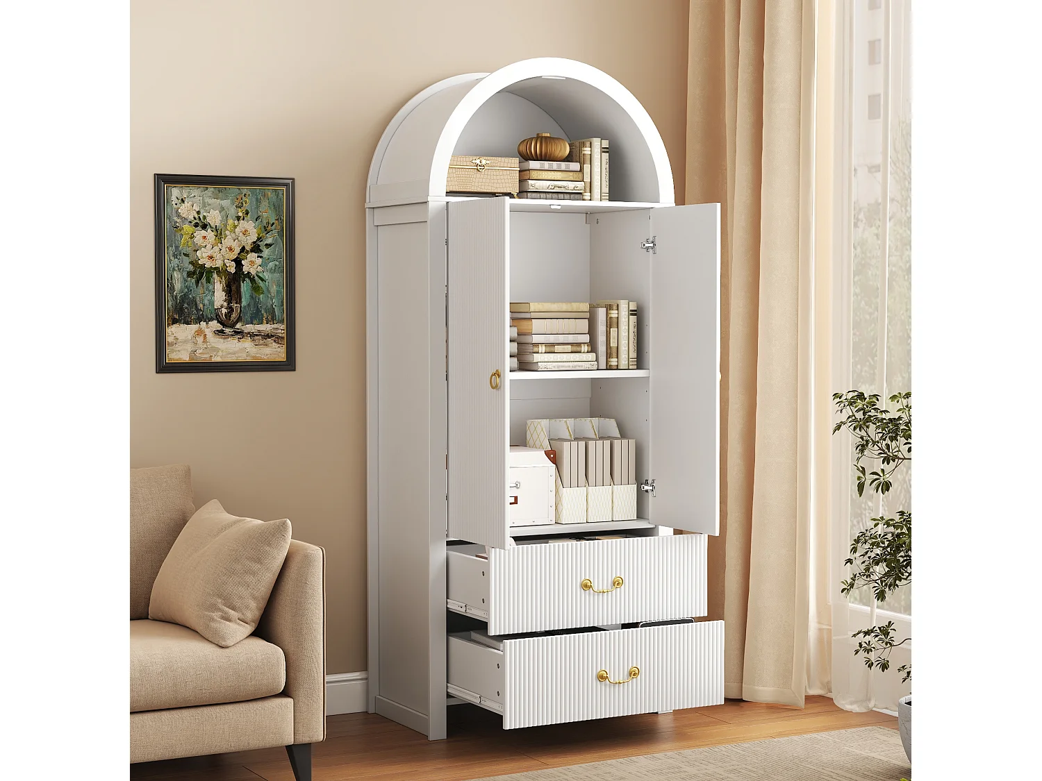 Buffet, armoire haute moderne cintrée 76x38x180 cm - Éclairage LED - 2 portes et 2 tiroirs - Rayures verticales - MDF - Blanc