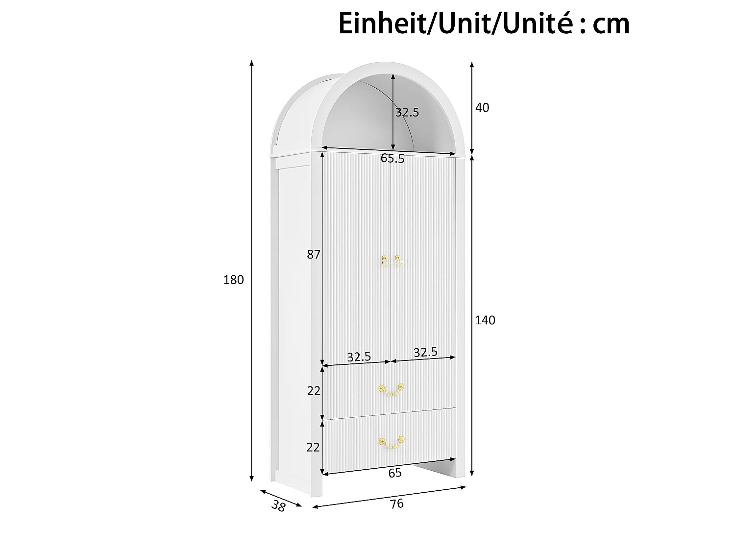Buffet, armoire haute moderne cintrée 76x38x180 cm - Éclairage LED - 2 portes et 2 tiroirs - Rayures verticales - MDF - Blanc