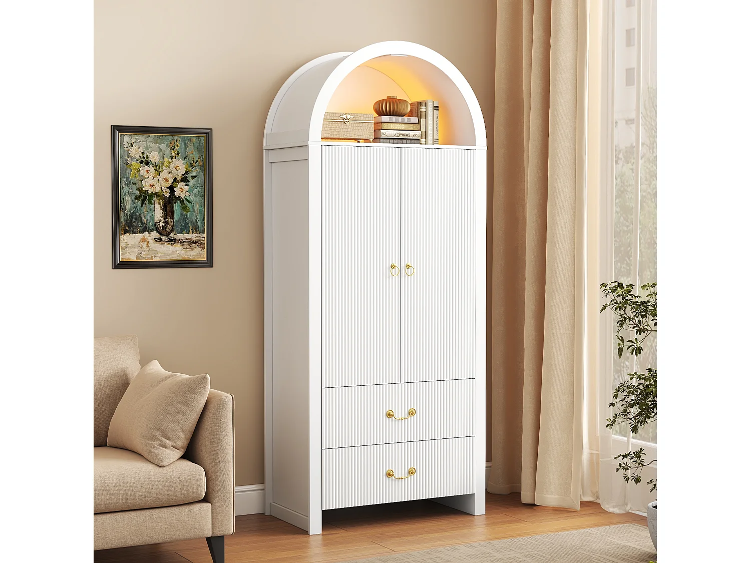 Buffet, armoire haute moderne cintrée 76x38x180 cm - Éclairage LED - 2 portes et 2 tiroirs - Rayures verticales - MDF - Blanc