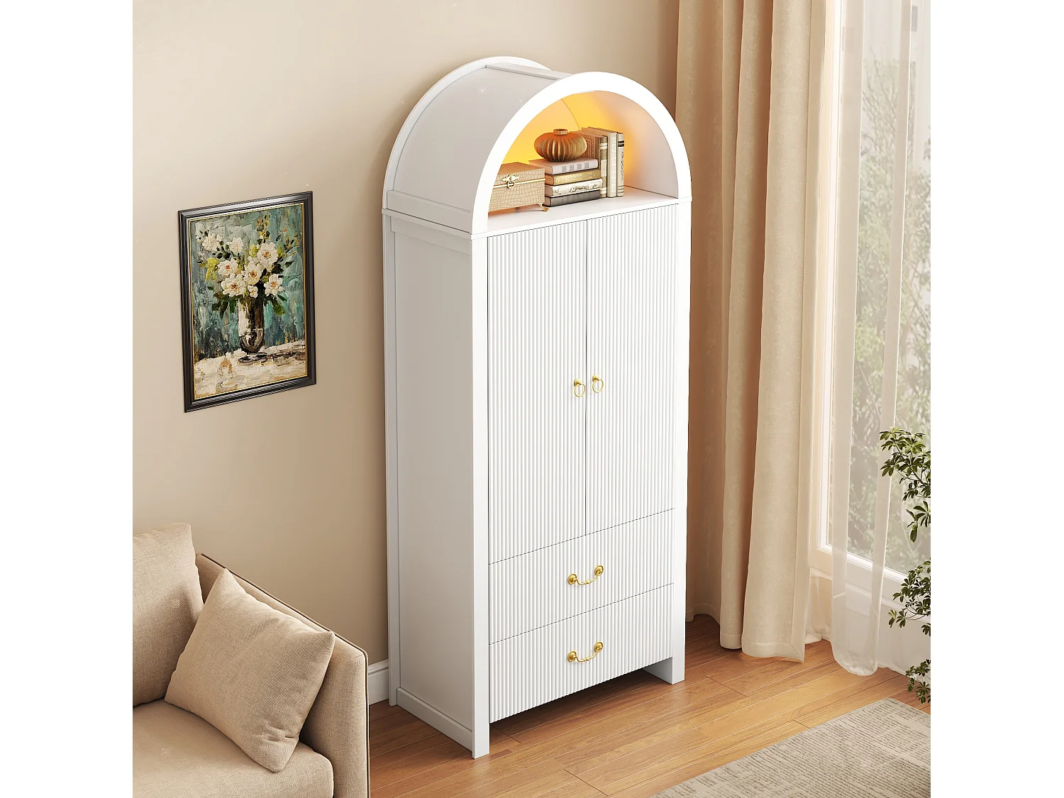 Buffet, armoire haute moderne cintrée 76x38x180 cm - Éclairage LED - 2 portes et 2 tiroirs - Rayures verticales - MDF - Blanc