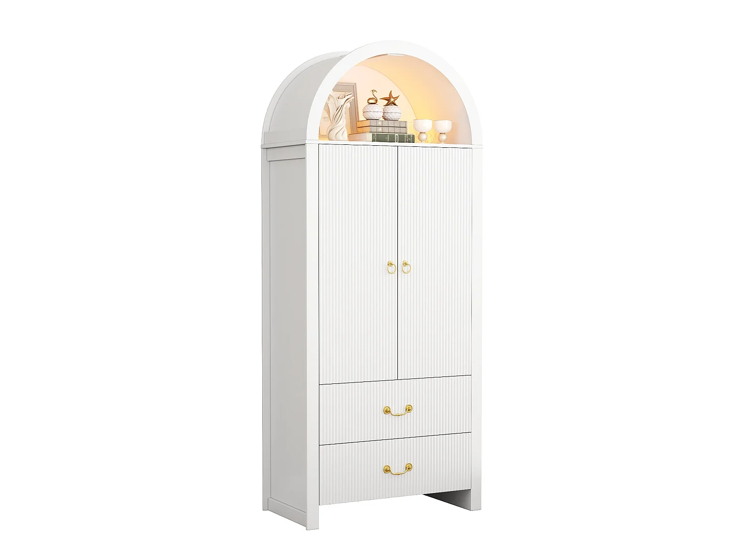 Buffet, armoire haute moderne cintrée 76x38x180 cm - Éclairage LED - 2 portes et 2 tiroirs - Rayures verticales - MDF - Blanc