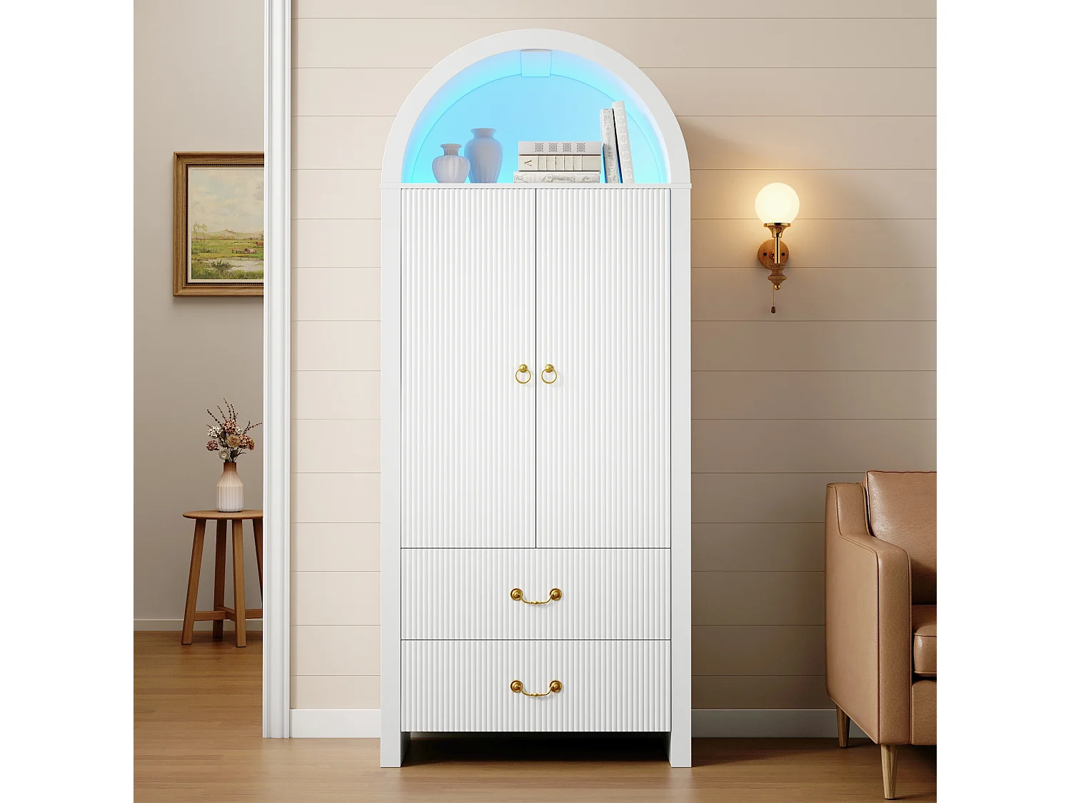 Buffet, armoire haute moderne cintrée 76x38x180 cm - Éclairage LED - 2 portes et 2 tiroirs - Rayures verticales - MDF - Blanc
