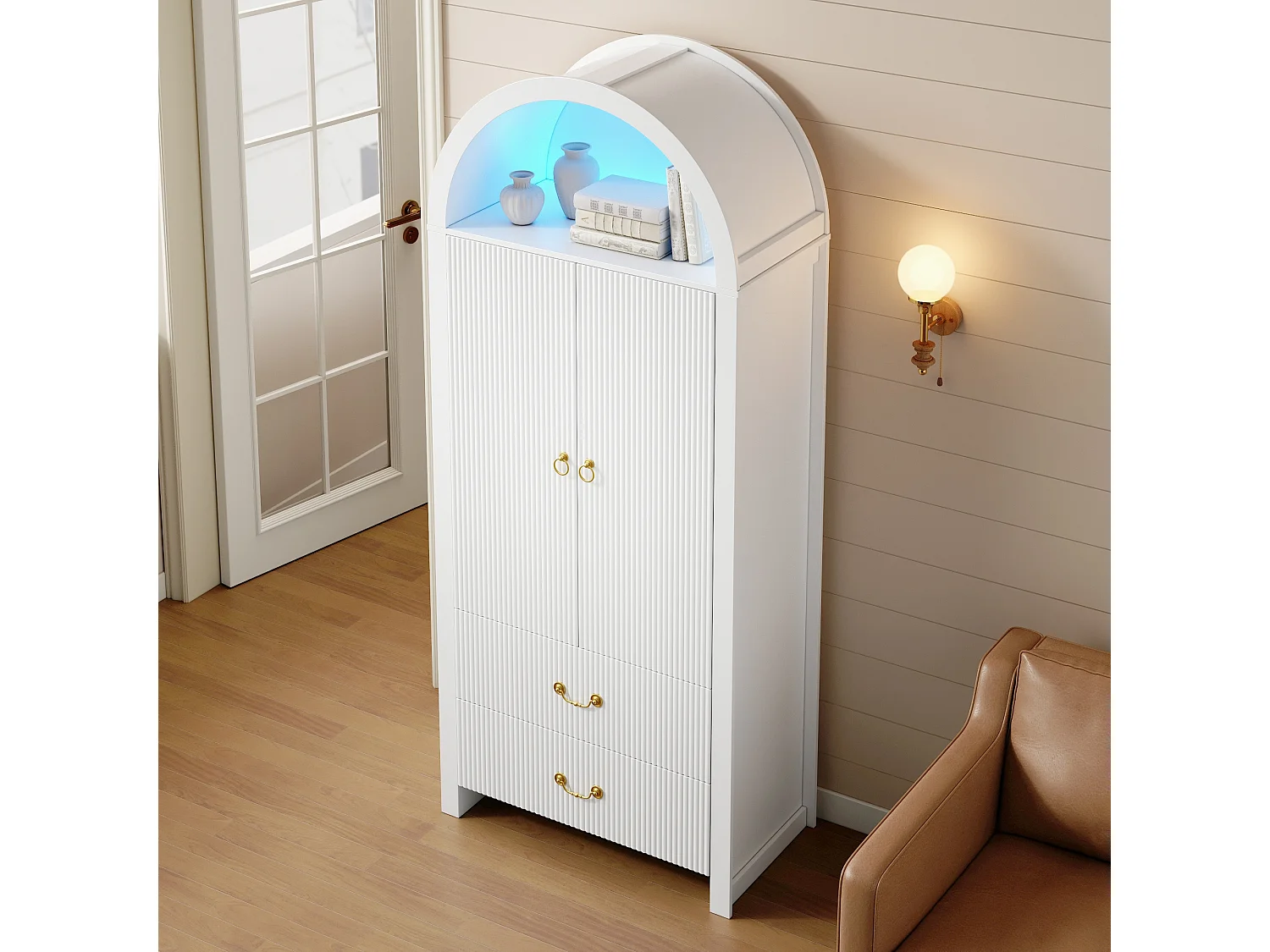 Buffet, armoire haute moderne cintrée 76x38x180 cm - Éclairage LED - 2 portes et 2 tiroirs - Rayures verticales - MDF - Blanc