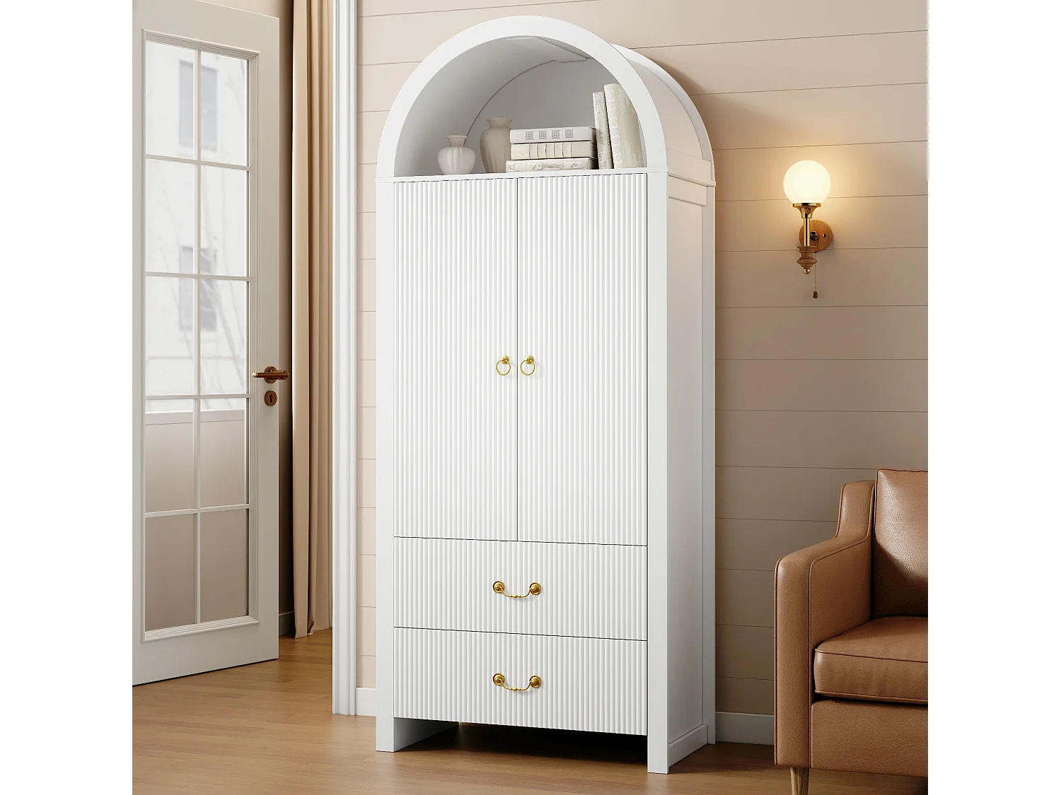 Buffet, armoire haute moderne cintrée 76x38x180 cm - Éclairage LED - 2 portes et 2 tiroirs - Rayures verticales - MDF - Blanc