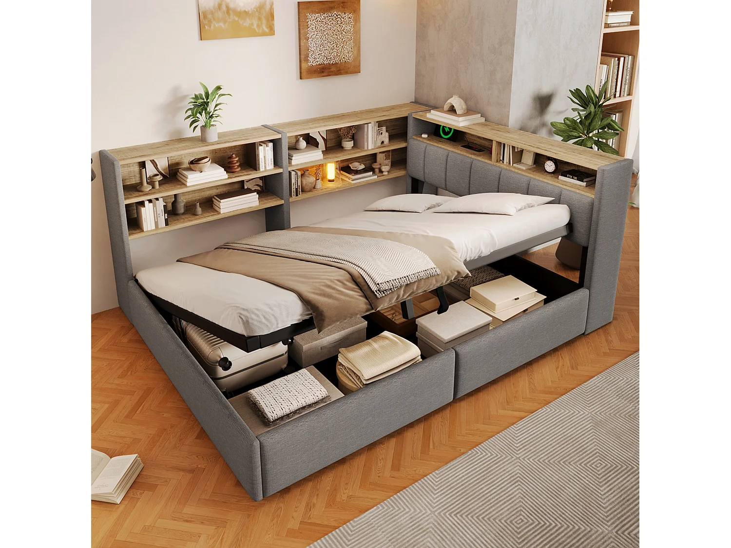 Bankbed met opbergruimte 140 x 200 cm - met elektrisch stopcontact - met USB-poort + LED-lichtstrip - fluwelen stof - grijs (matras niet inbegrepen)