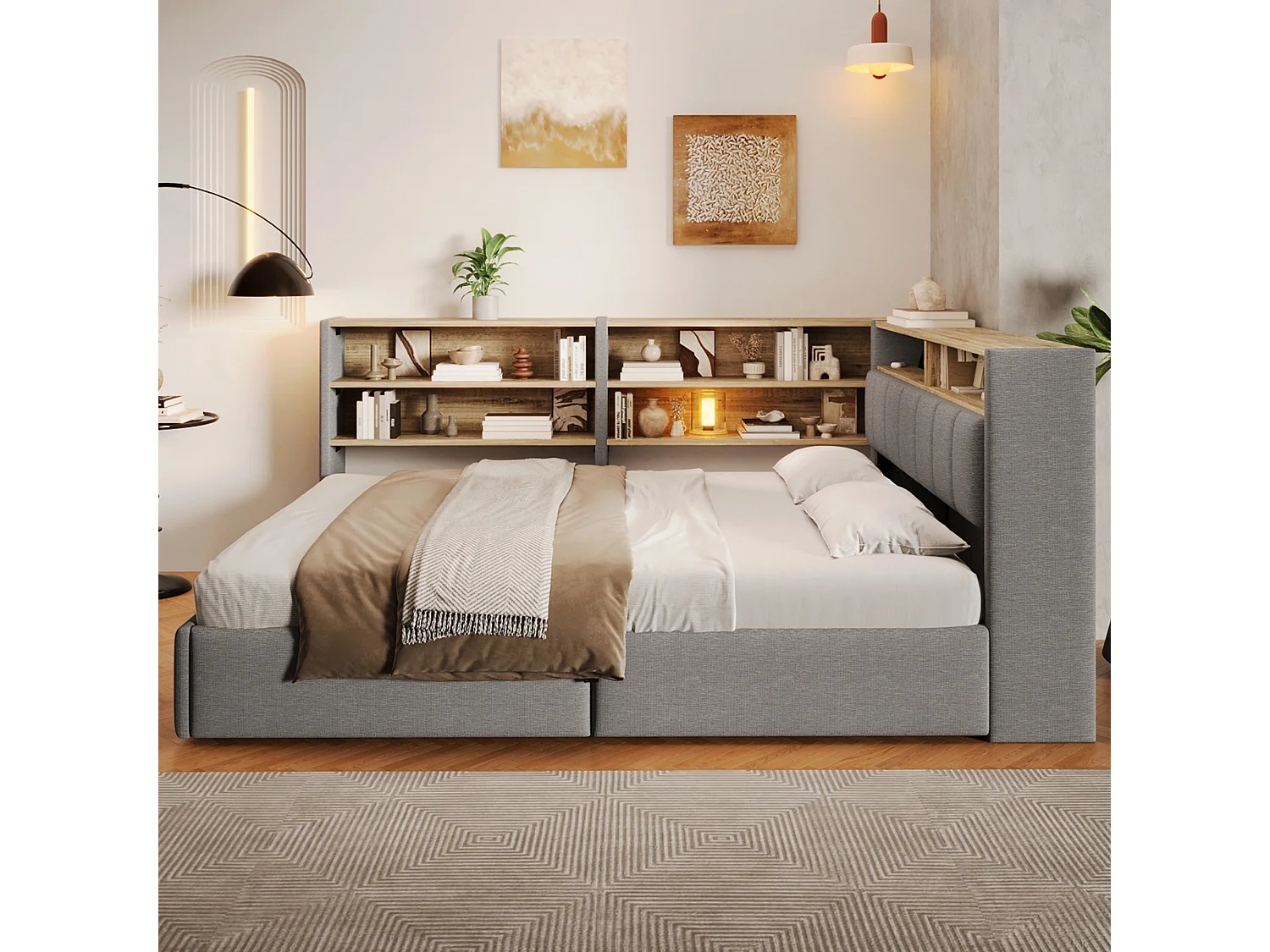 Bankbed met opbergruimte 140 x 200 cm - met elektrisch stopcontact - met USB-poort + LED-lichtstrip - fluwelen stof - grijs (matras niet inbegrepen)