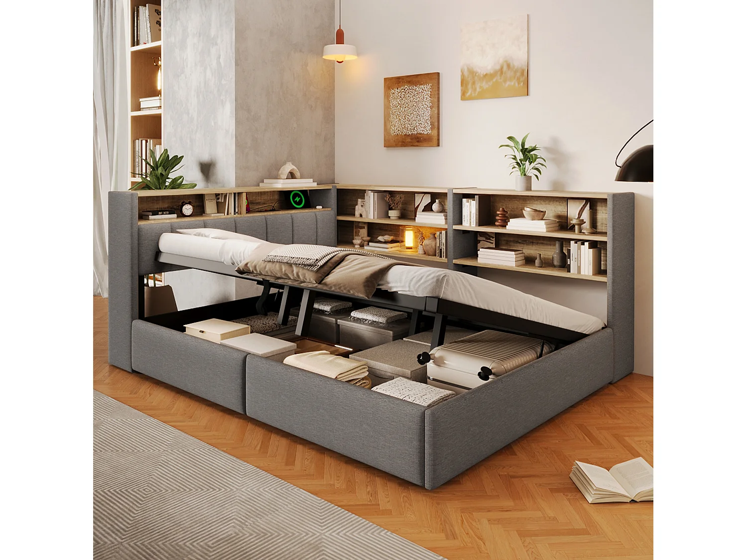 Bankbed met opbergruimte 140 x 200 cm - met elektrisch stopcontact - met USB-poort + LED-lichtstrip - fluwelen stof - grijs (matras niet inbegrepen)