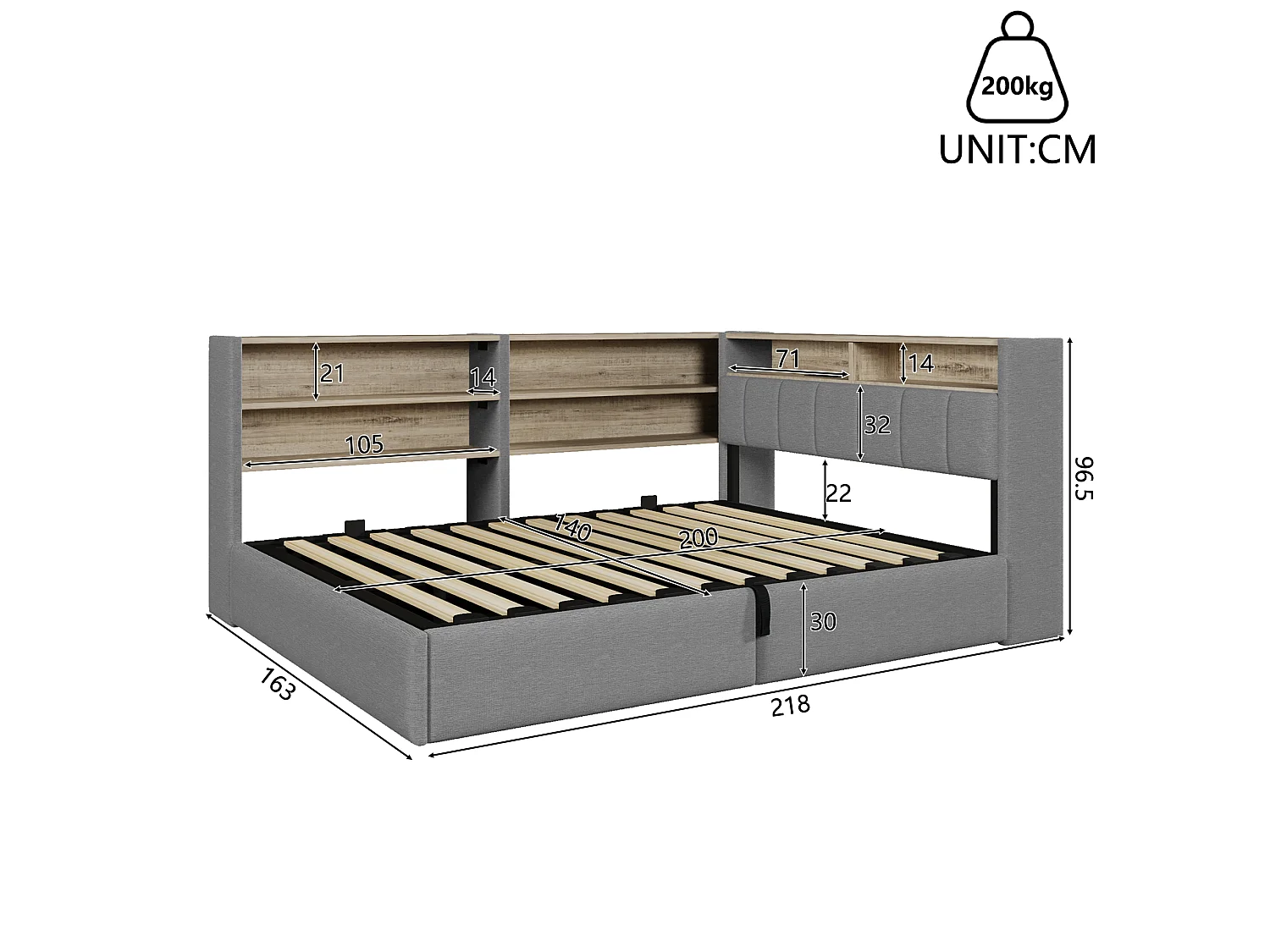 Bankbed met opbergruimte 140 x 200 cm - met elektrisch stopcontact - met USB-poort + LED-lichtstrip - fluwelen stof - grijs (matras niet inbegrepen)