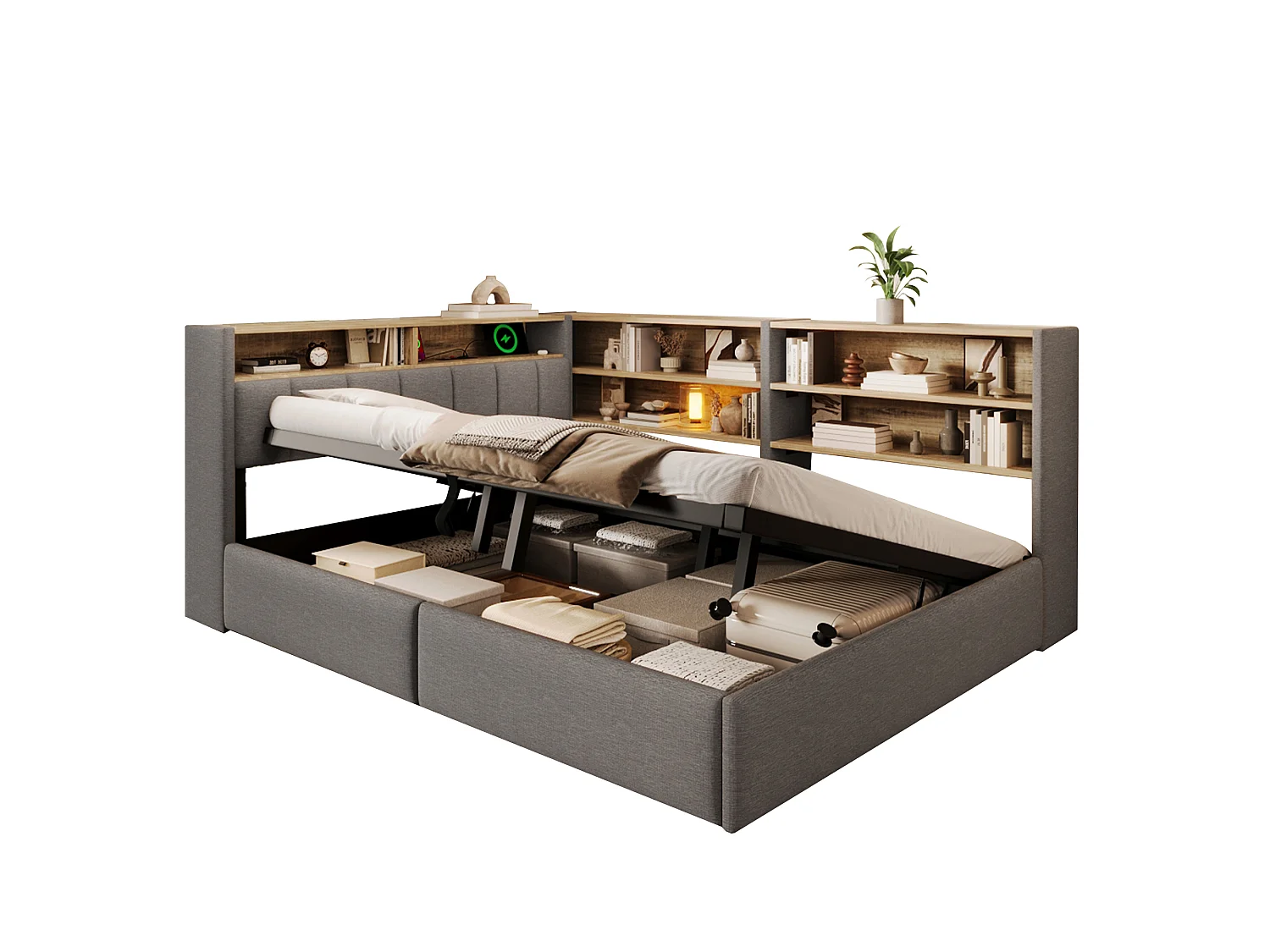 Bankbed met opbergruimte 140 x 200 cm - met elektrisch stopcontact - met USB-poort + LED-lichtstrip - fluwelen stof - grijs (matras niet inbegrepen)
