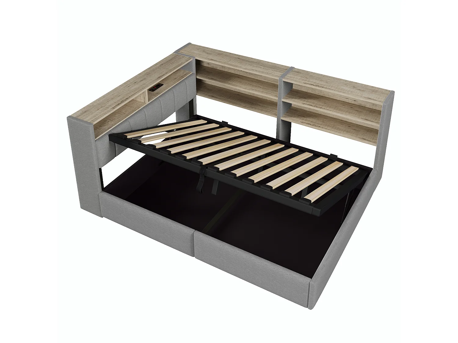 Bankbed met opbergruimte 140 x 200 cm - met elektrisch stopcontact - met USB-poort + LED-lichtstrip - fluwelen stof - grijs (matras niet inbegrepen)